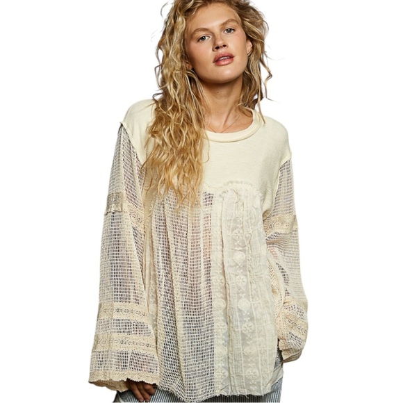 POL Tops - POL Medium Lace Me Later Mesh Balloon Sleeve Blouse